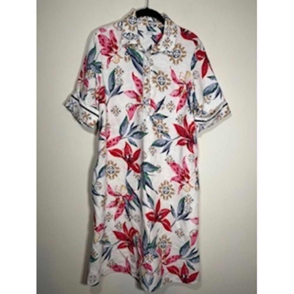 CHICO'S Shirt Dress 100% Linen Short Sleeve Floral Tropical Coastal Classic